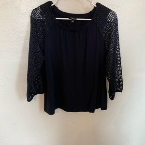 Talbots Navy Crochet Sleeve Blouse